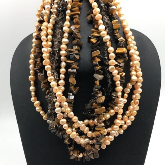 925 Sterling Silver Vintage Multi-Strand Gemstone Pearl Tiger's Eye Necklace - Picture 7 of 10